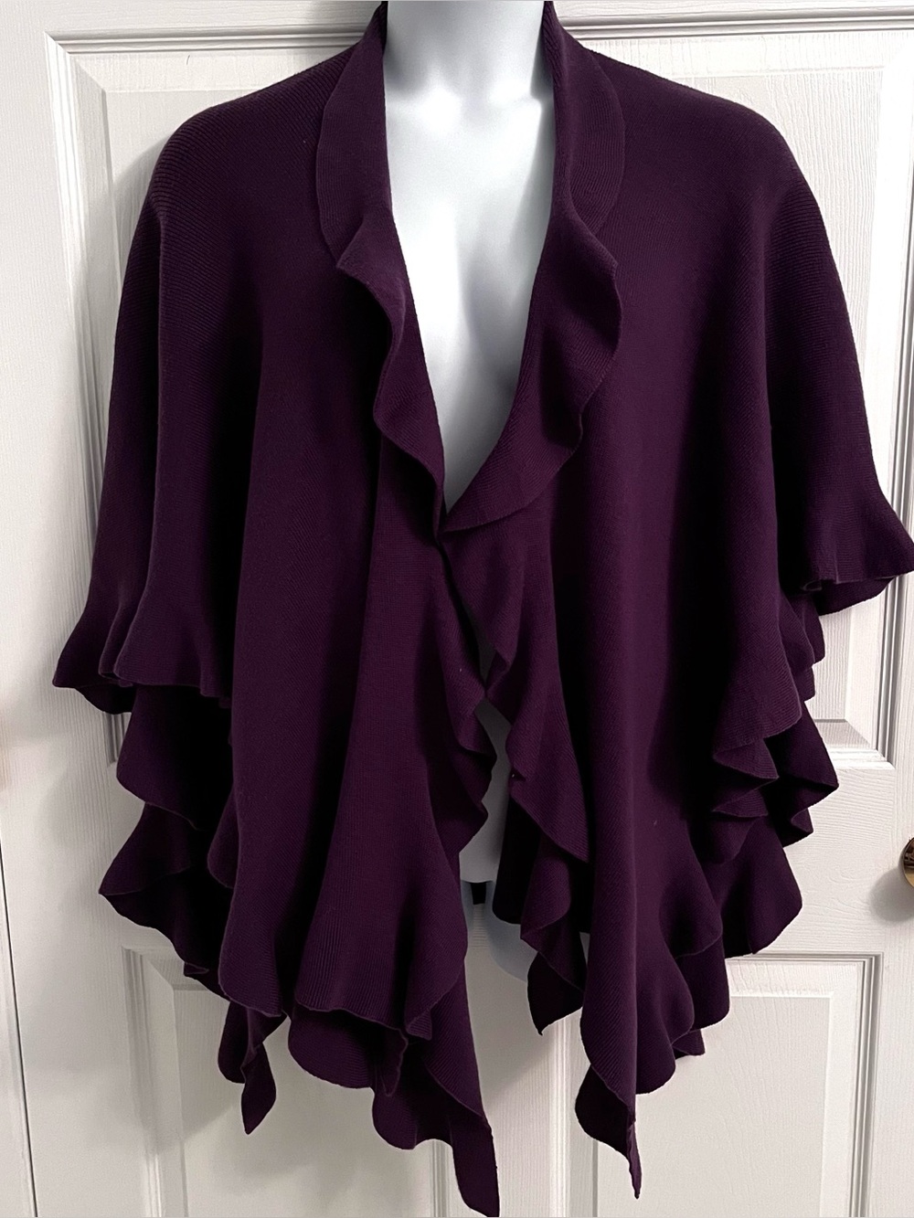 Coldwater Creek Purple Plum Ruffled Open Front Poncho Cape Shawl Wrap OS